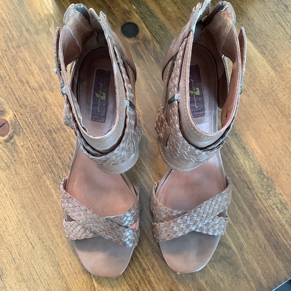 Seven 7 for All Mankind Brown Leather Cone heeled heel sandal straps tan 💕 Cute - Picture 6 of 9